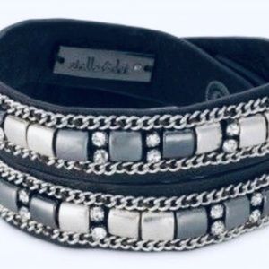 Stella & Dot | Black Leather Silver Hematite Cady Wrap Bracelet Retired